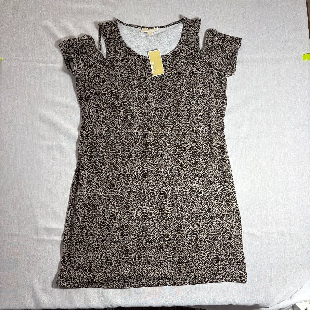 NWT Michael Kors Leopard Dark Camel Tee Shirt Dress, Short Cut Out Sleeves XL